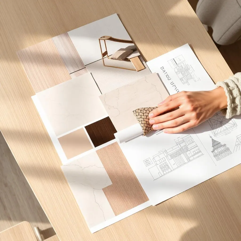 Moodboard con campioni di materiali, tessuti e schizzi progettuali
