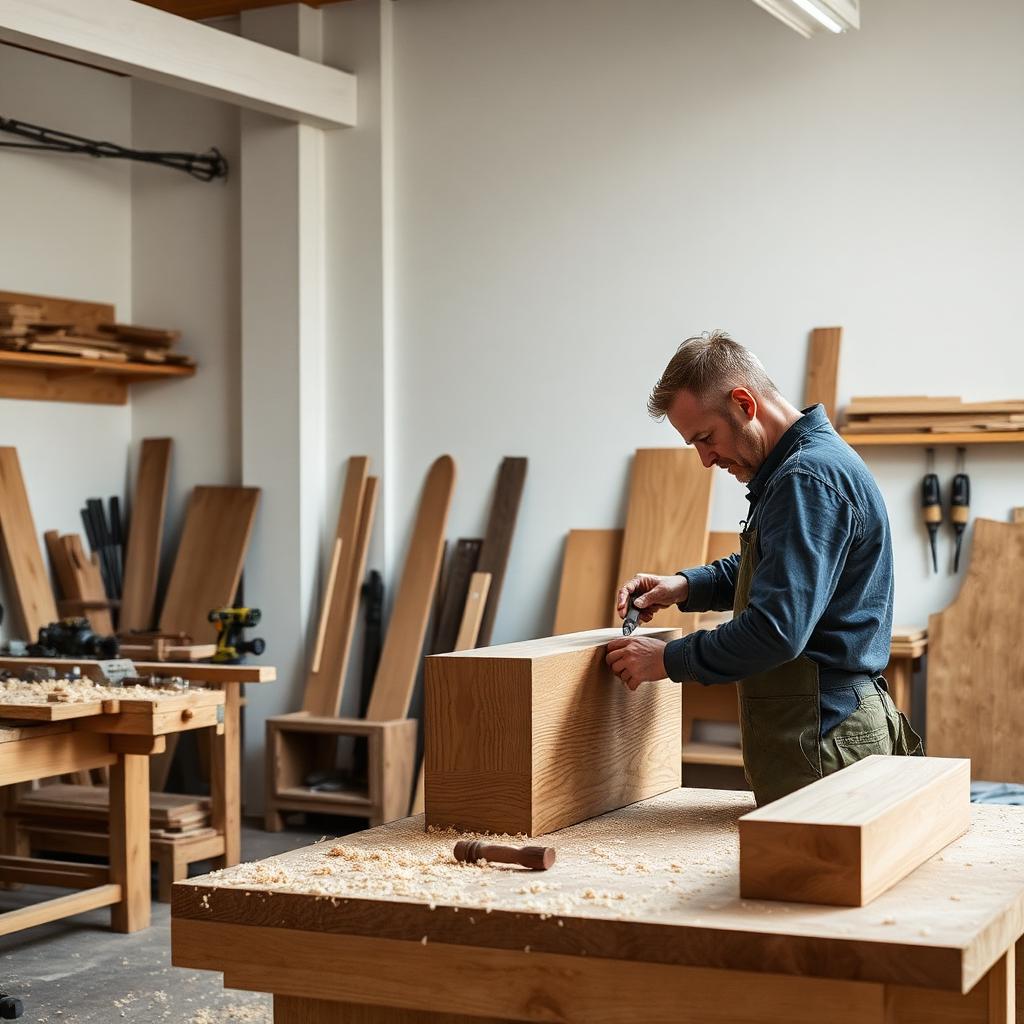 Falegname artigiano al lavoro su un mobile in legno di rovere